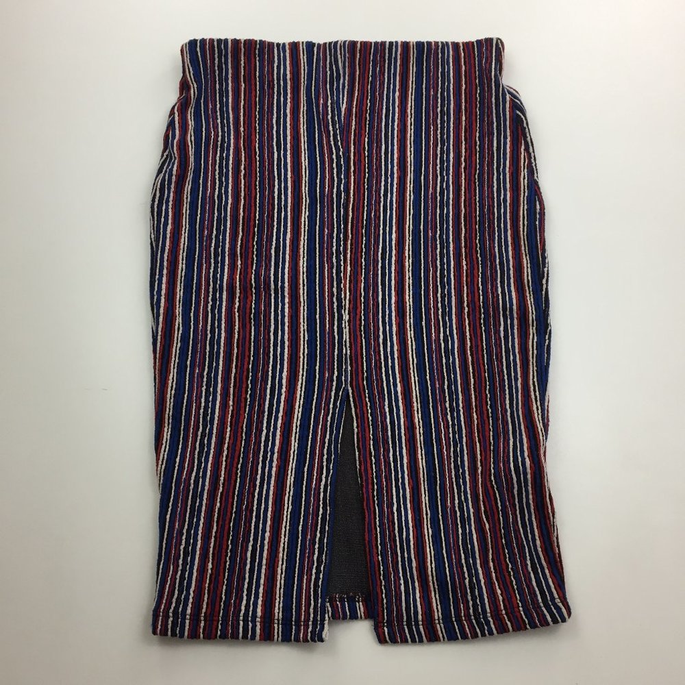 NWT ZARA Fitted Multi Color Textured Striped Slit Front Pull On Midi Skirt